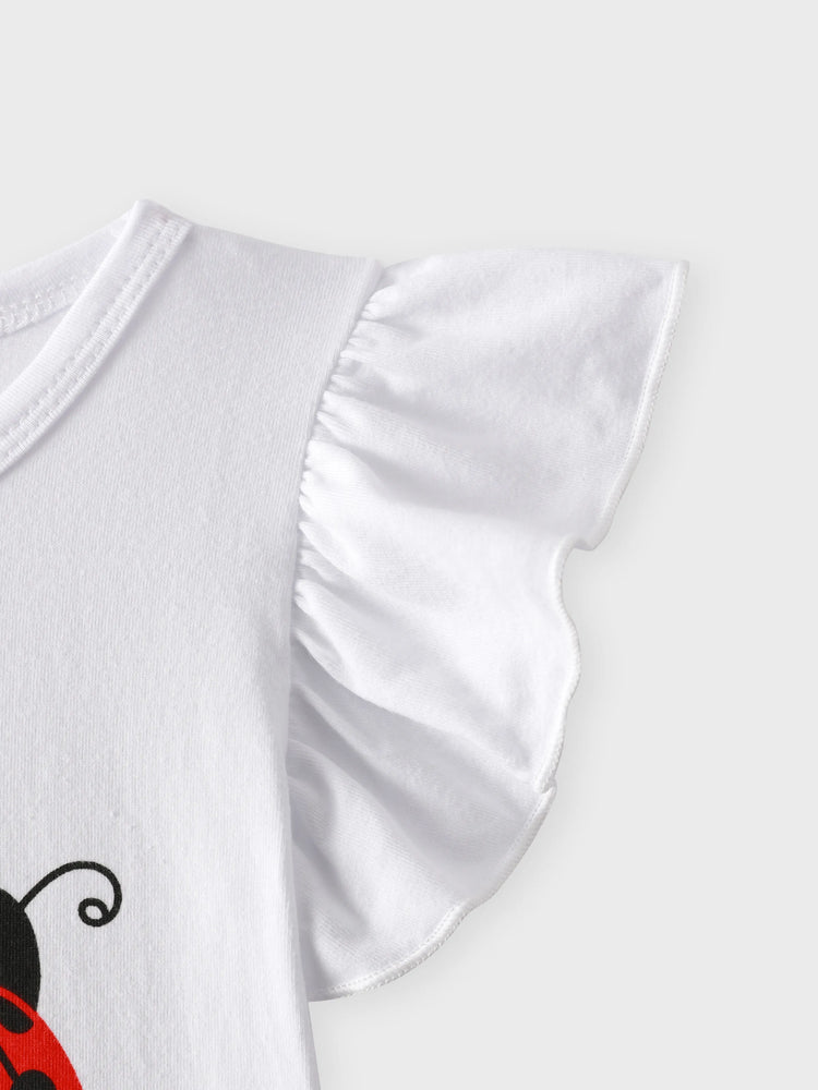 3pcs Baby Girl 95% Cotton Ruffle Sleeve Letter Print Romper and Ladybugs Print Shorts with Headband Set White