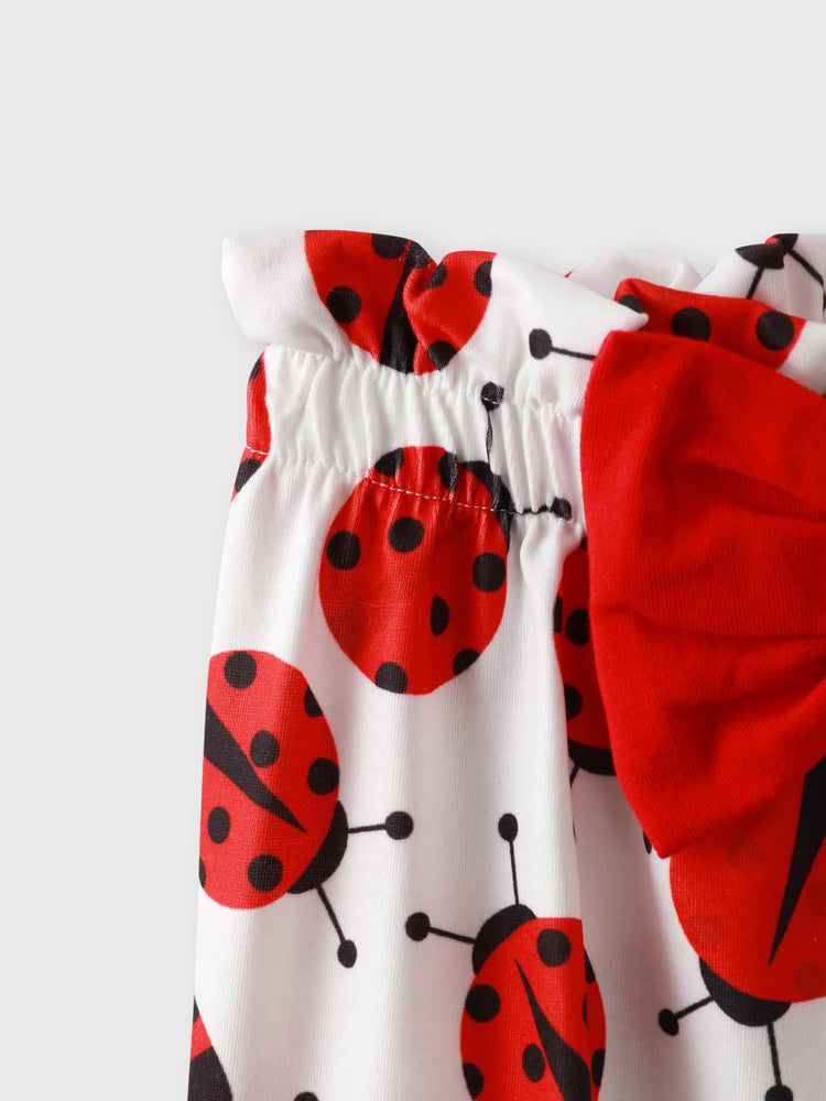 3pcs Baby Girl 95% Cotton Ruffle Sleeve Letter Print Romper and Ladybugs Print Shorts with Headband Set White