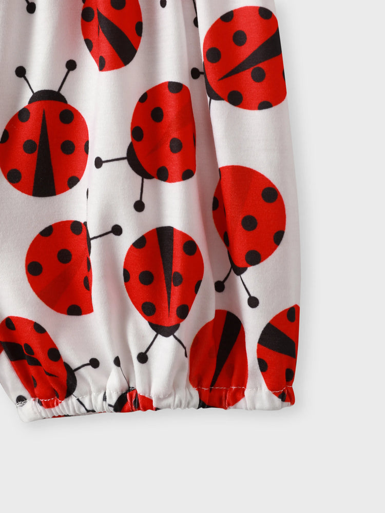 3pcs Baby Girl 95% Cotton Ruffle Sleeve Letter Print Romper and Ladybugs Print Shorts with Headband Set White