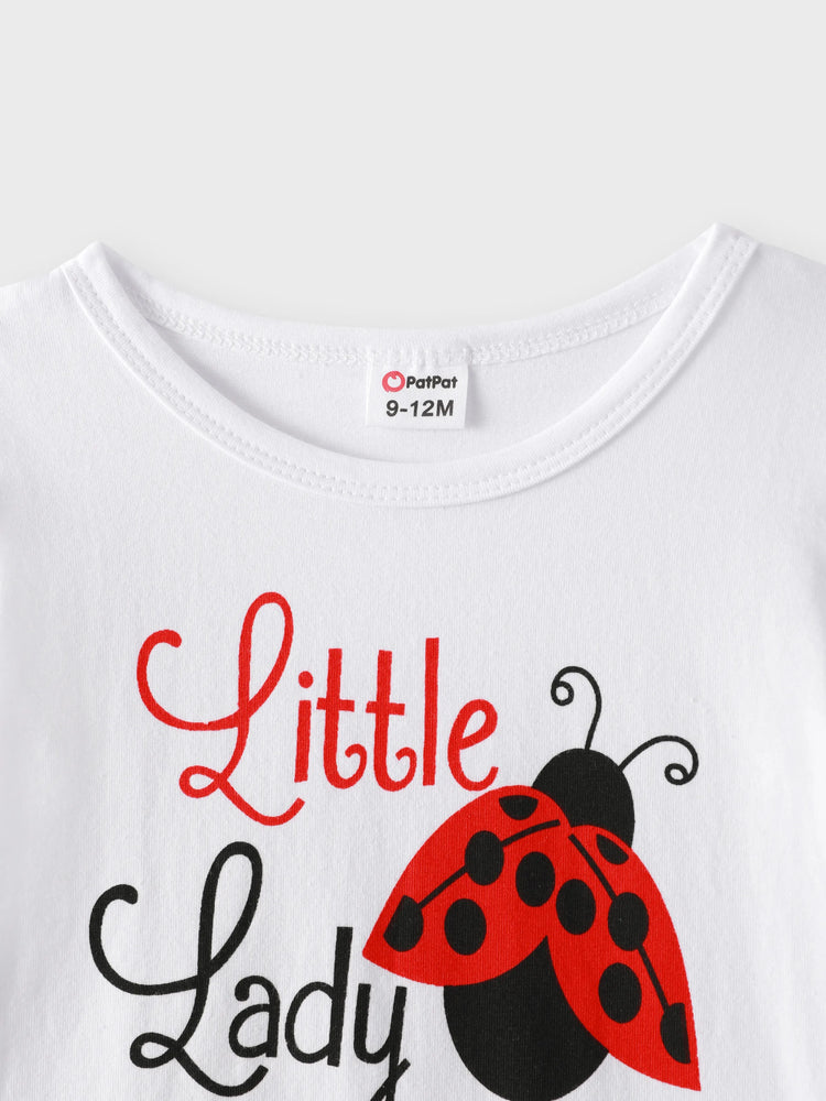 3pcs Baby Girl 95% Cotton Ruffle Sleeve Letter Print Romper and Ladybugs Print Shorts with Headband Set White