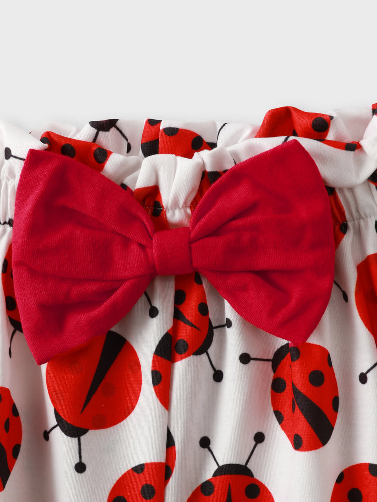 3pcs Baby Girl 95% Cotton Ruffle Sleeve Letter Print Romper and Ladybugs Print Shorts with Headband Set White