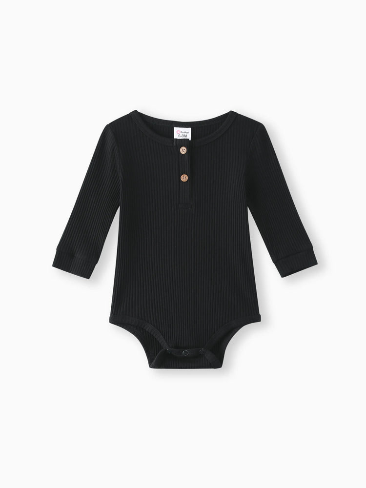 Baby Girl/Boy Cotton Button Design Solid Color Ribbed Long-sleeve Rompers Black