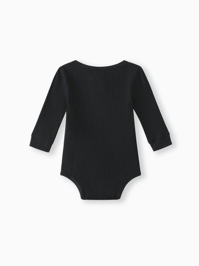 Barboteuse à manches longues en coton côtelé pour bébé fille/garçon, couleur unie, avec boutons, noire