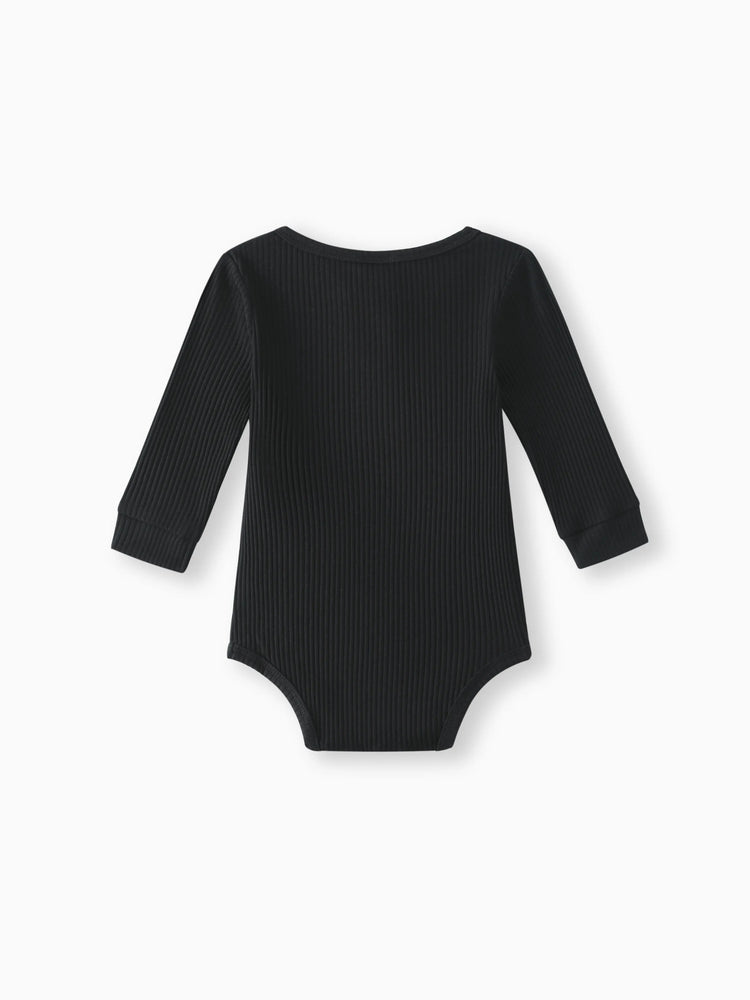 Baby Girl/Boy Cotton Button Design Solid Color Ribbed Long-sleeve Rompers Black