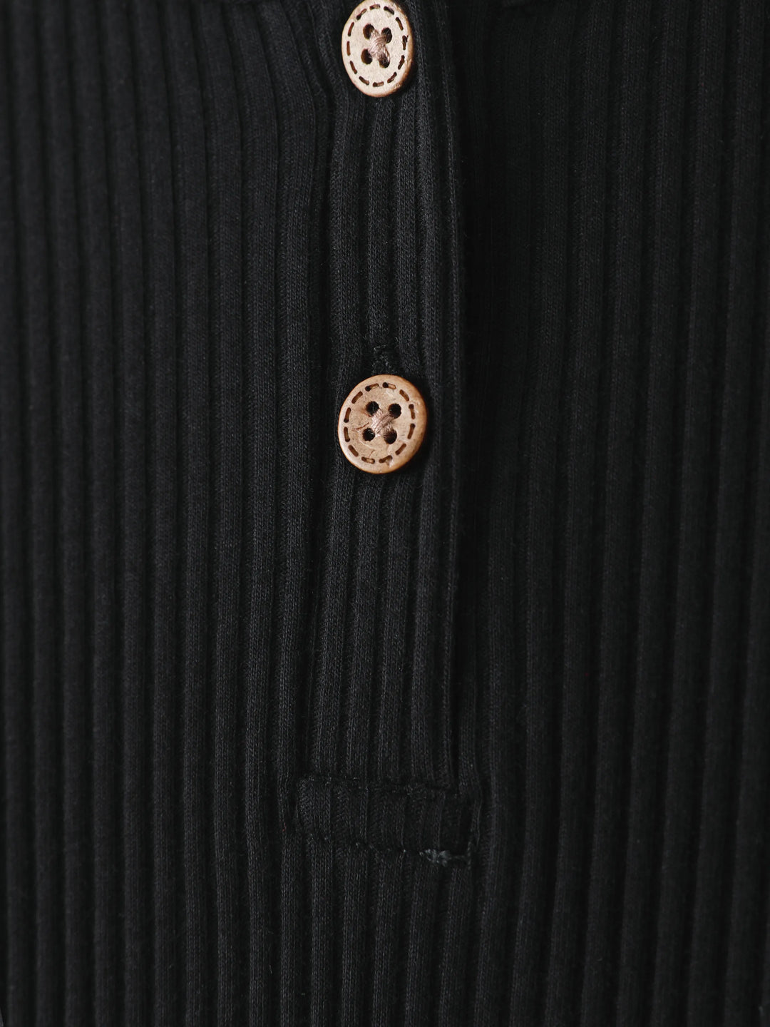 Baby Girl/Boy Cotton Button Design Solid Color Ribbed Long-sleeve Rompers Black