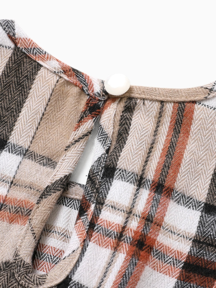 Ensemble 2 pièces pour bébé fille, motif hyper-tactile, motif quadrillé/pied-de-poule, robe d'école, kaki