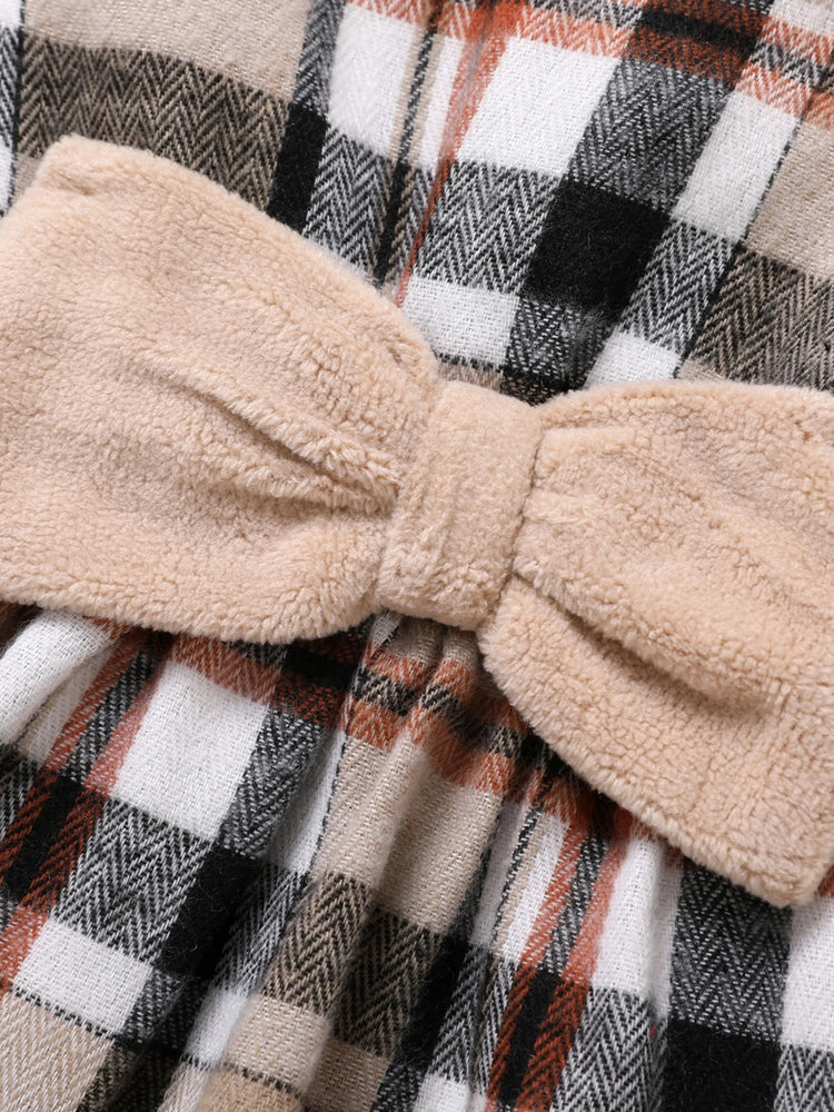 Ensemble 2 pièces pour bébé fille, motif hyper-tactile, motif quadrillé/pied-de-poule, robe d'école, kaki