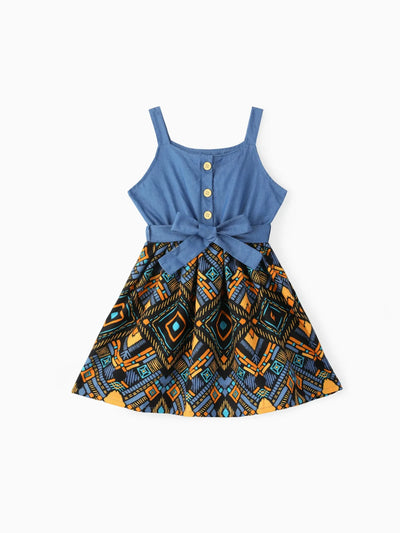 Toddler Girl Boho Exotic Graphic Splice Belted Slip Dress Light Blue