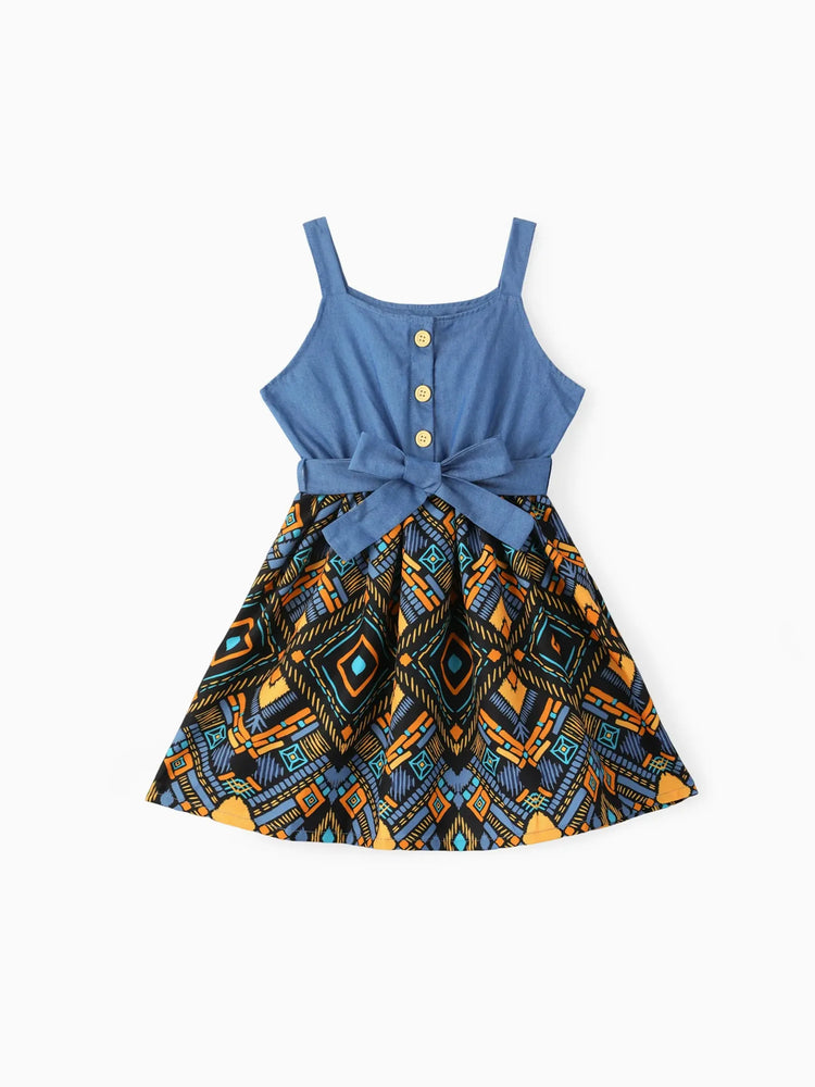 Toddler Girl Boho Exotic Graphic Splice Belted Slip Dress Light Blue