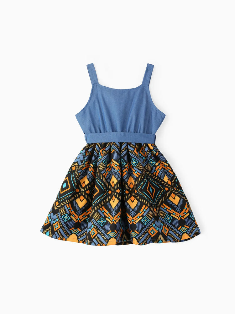 Toddler Girl Boho Exotic Graphic Splice Belted Slip Dress Light Blue