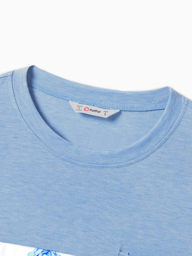 Ensemble familial assorti composé d'un t-shirt à imprimé floral et d'une robe trapèze à ceinture boutonnée et à volants bleu ciel clair