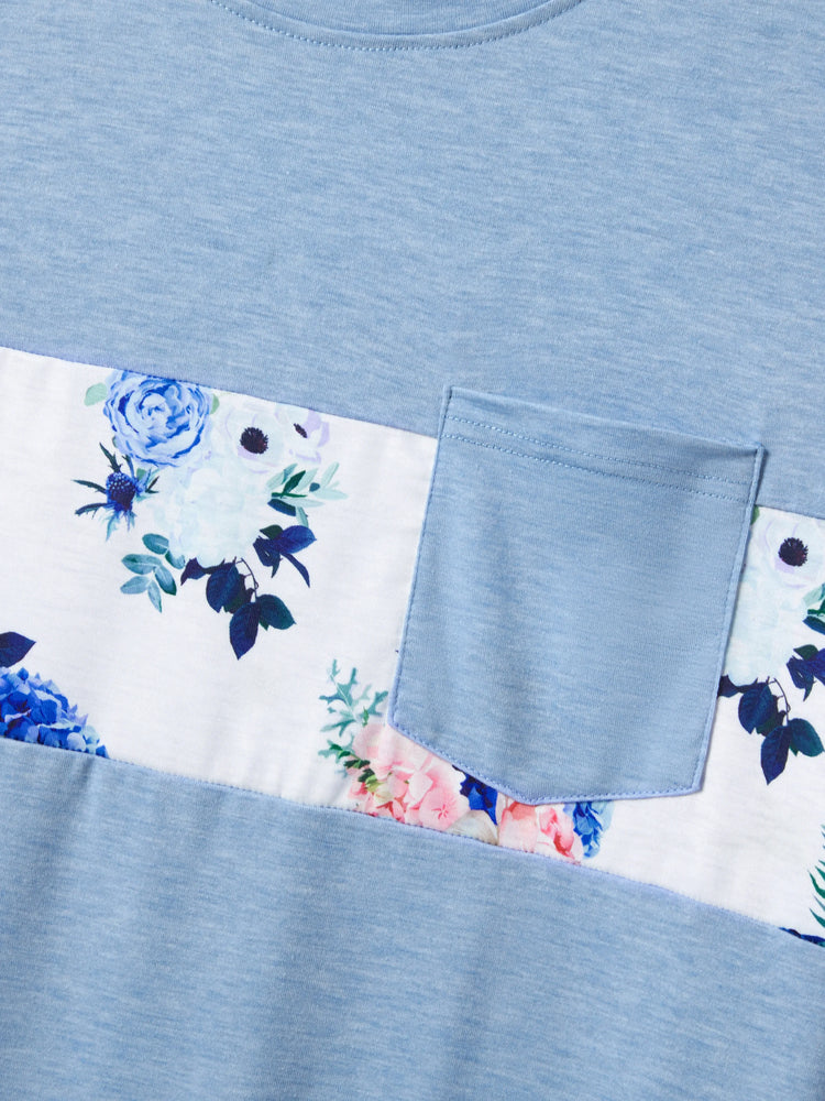 Ensemble familial assorti composé d'un t-shirt à imprimé floral et d'une robe trapèze à ceinture boutonnée et à volants bleu ciel clair