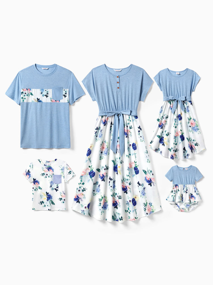 Ensemble familial assorti composé d'un t-shirt à imprimé floral et d'une robe trapèze à ceinture boutonnée et à volants bleu ciel clair