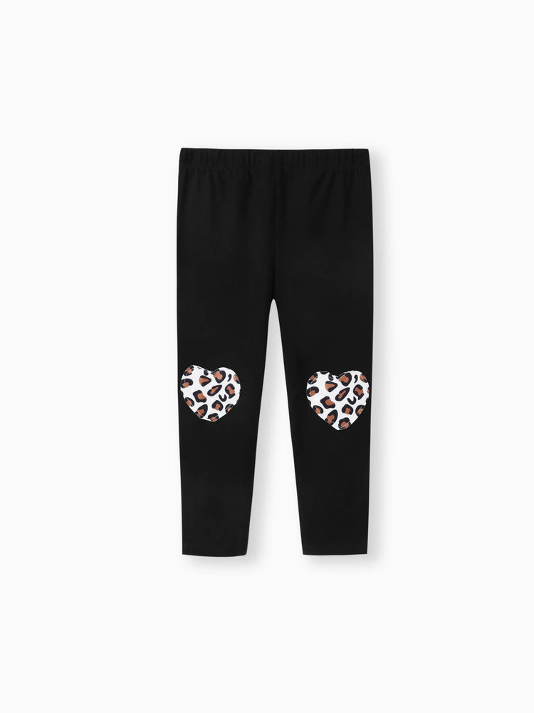 2-piece Toddler Girl Leopard Print Flutter Long-sleeve Top and Heart Pattern Pants Set Black