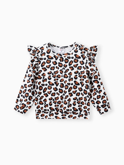 Ensemble 2 pièces pour petite fille avec haut à manches longues et pantalon à motif cœur imprimé léopard, noir