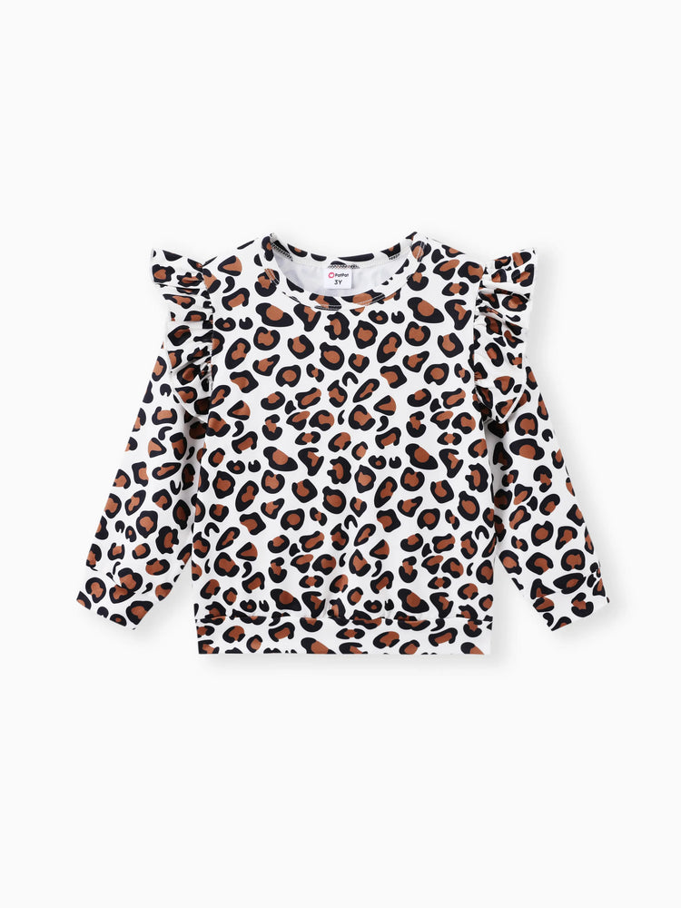 2-piece Toddler Girl Leopard Print Flutter Long-sleeve Top and Heart Pattern Pants Set Black
