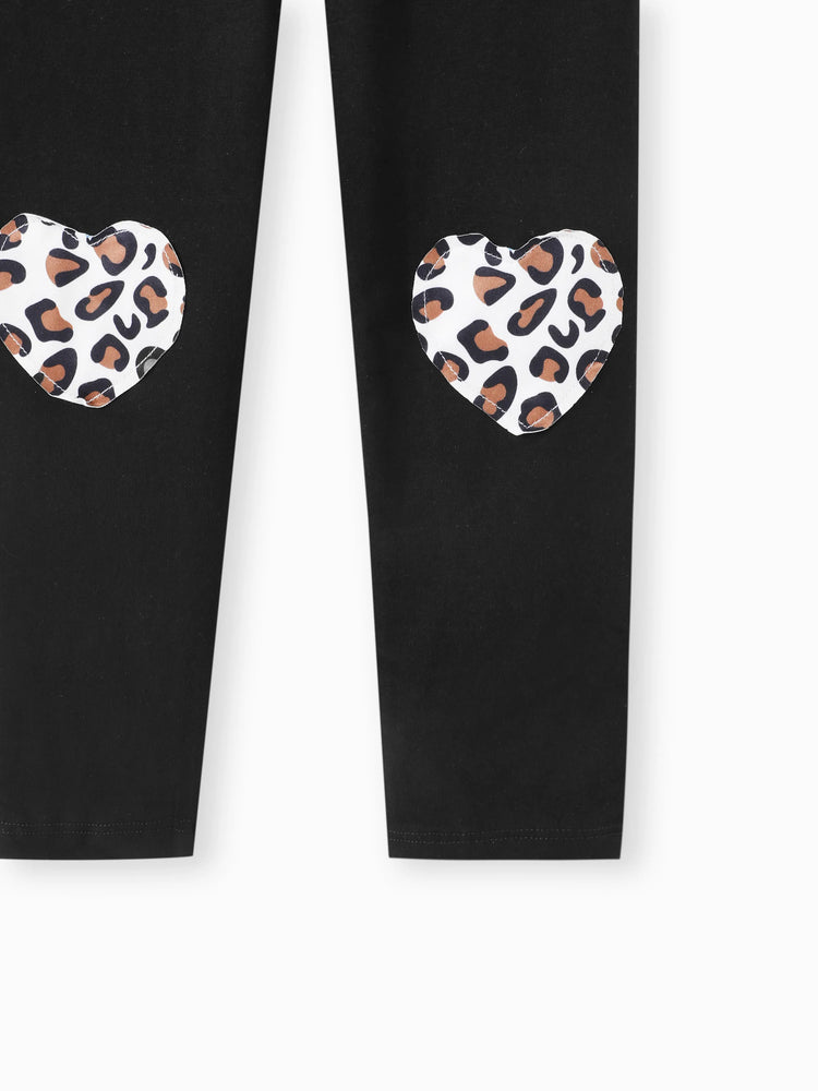 2-piece Toddler Girl Leopard Print Flutter Long-sleeve Top and Heart Pattern Pants Set Black