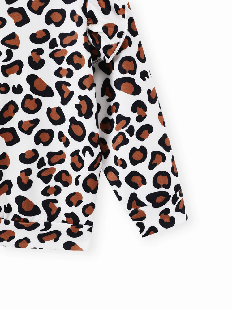 2-piece Toddler Girl Leopard Print Flutter Long-sleeve Top and Heart Pattern Pants Set Black