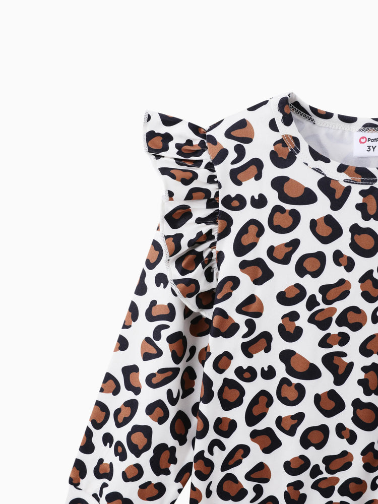 2-piece Toddler Girl Leopard Print Flutter Long-sleeve Top and Heart Pattern Pants Set Black