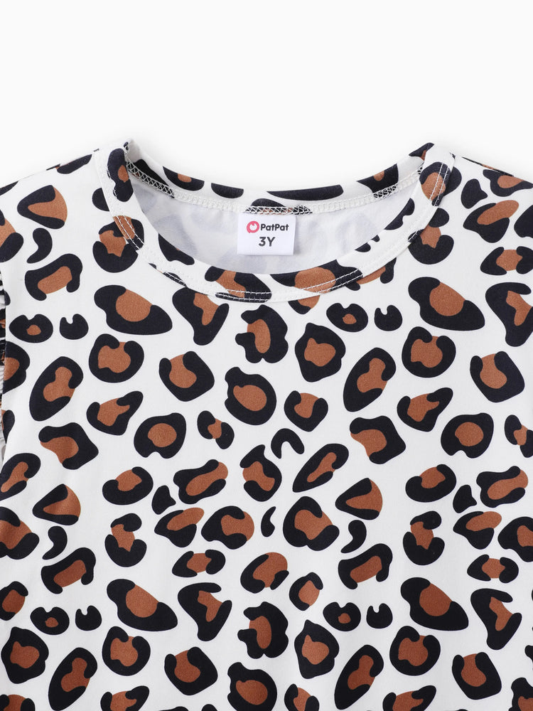 2-piece Toddler Girl Leopard Print Flutter Long-sleeve Top and Heart Pattern Pants Set Black