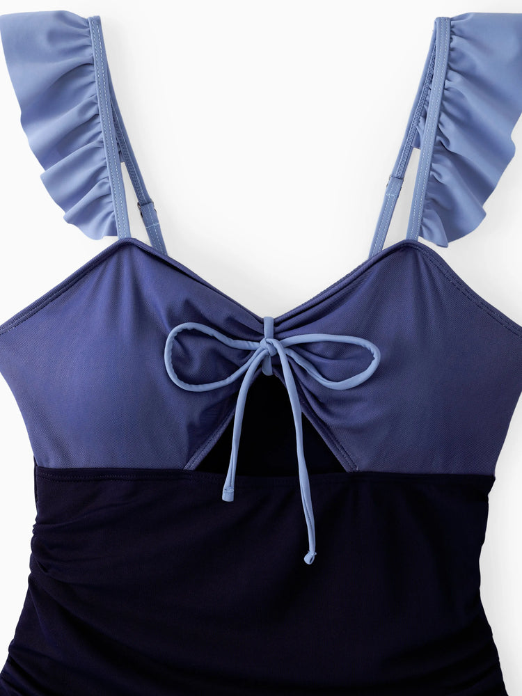 Maillot de bain une pièce assorti à cordon de serrage ou à nœud papillon froncé, en maille découpée, à volants et bretelles (séchage rapide) multicolore