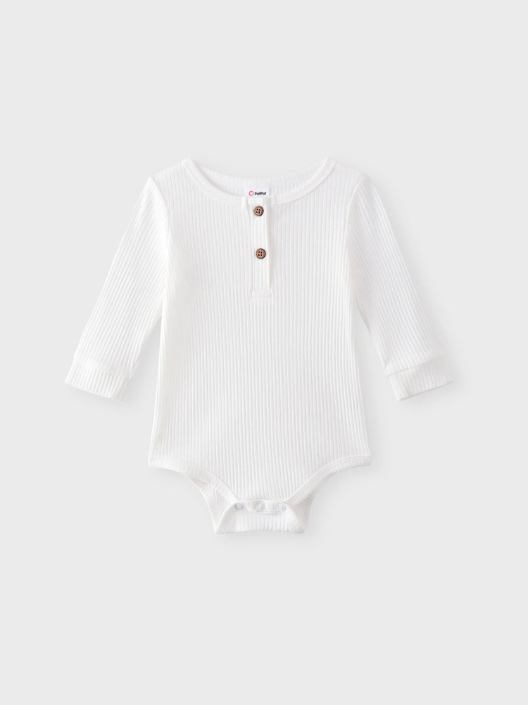 Baby Girl/Boy Cotton Button Design Solid Color Ribbed Long-sleeve Rompers White