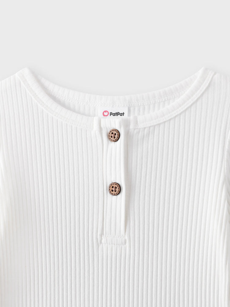 Baby Girl/Boy Cotton Button Design Solid Color Ribbed Long-sleeve Rompers White
