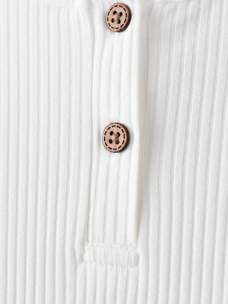 Baby Girl/Boy Cotton Button Design Solid Color Ribbed Long-sleeve Rompers White