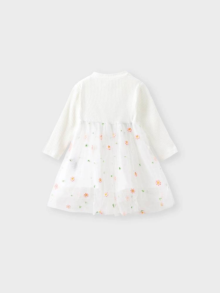 Baby Girl White Ribbed Long-sleeve Splicing Floral Embroidered Mesh Fairy Dress White