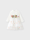 Baby Girl White Ribbed Long-sleeve Splicing Floral Embroidered Mesh Fairy Dress White
