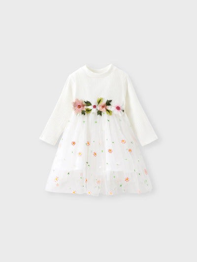 Robe de fée blanche à manches longues et côtelée pour bébé fille, en maille brodée de fleurs