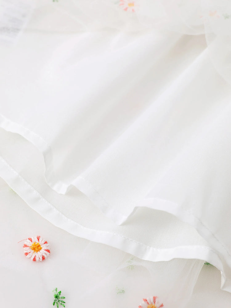 Baby Girl White Ribbed Long-sleeve Splicing Floral Embroidered Mesh Fairy Dress White