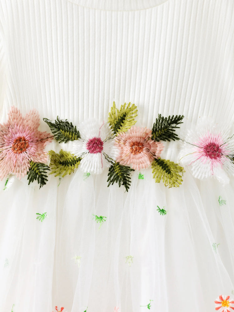 Baby Girl White Ribbed Long-sleeve Splicing Floral Embroidered Mesh Fairy Dress White