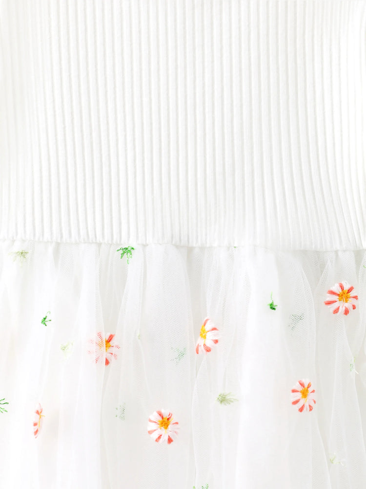 Baby Girl White Ribbed Long-sleeve Splicing Floral Embroidered Mesh Fairy Dress White