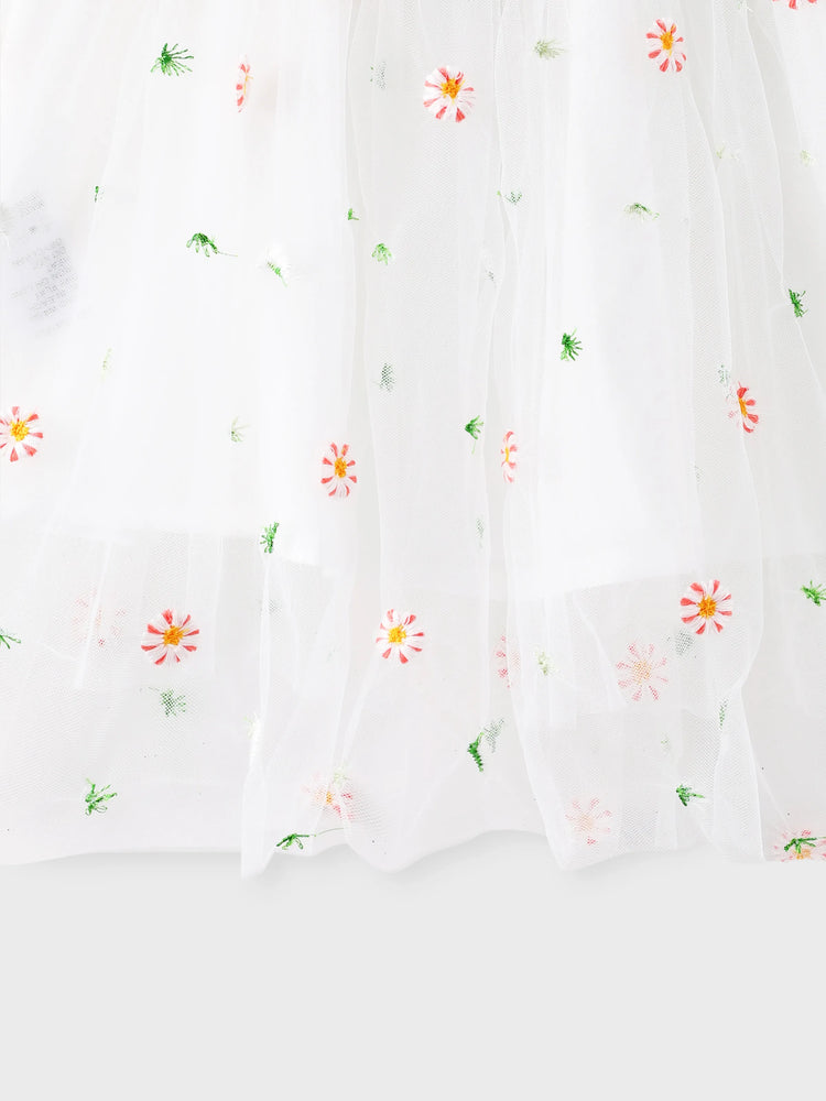 Baby Girl White Ribbed Long-sleeve Splicing Floral Embroidered Mesh Fairy Dress White