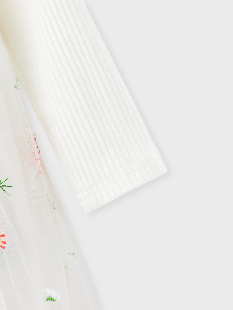 Baby Girl White Ribbed Long-sleeve Splicing Floral Embroidered Mesh Fairy Dress White