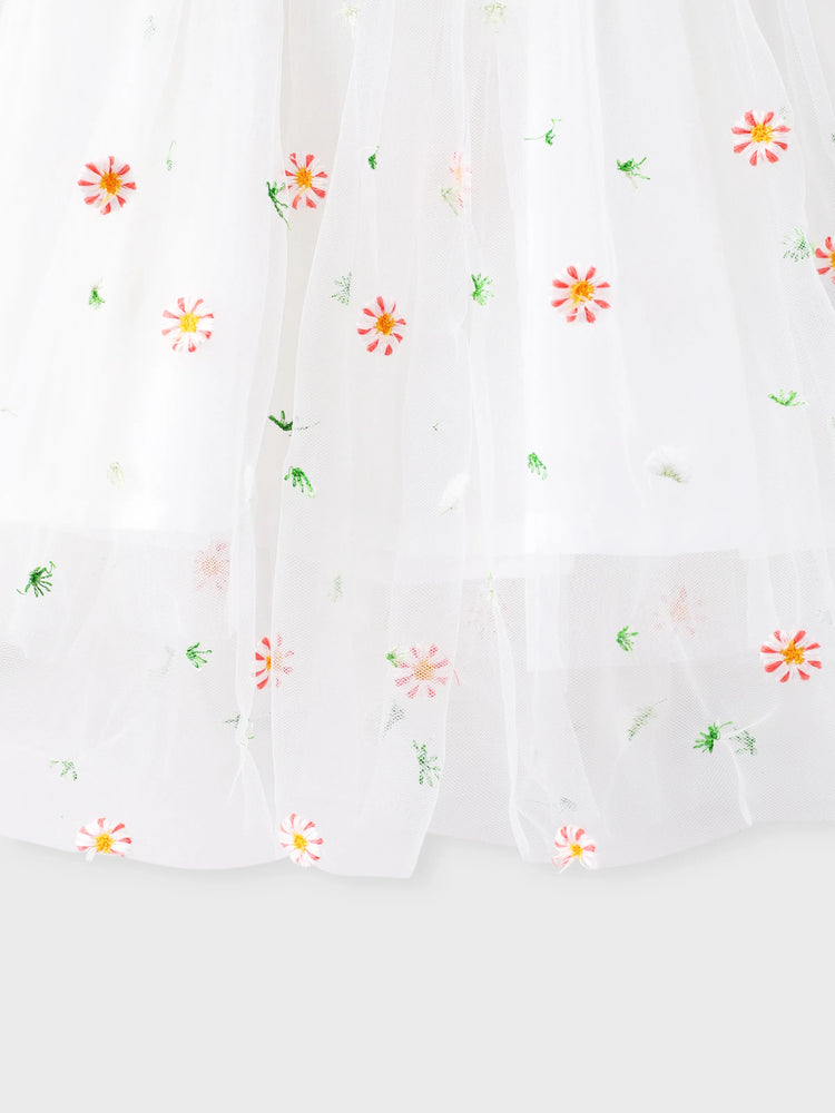 Baby Girl White Ribbed Long-sleeve Splicing Floral Embroidered Mesh Fairy Dress White