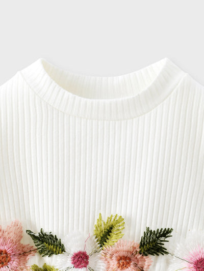 Weiß geripptes, langärmliges, gespleißtes, geblümtes Netzkleid für Mädchen weiß