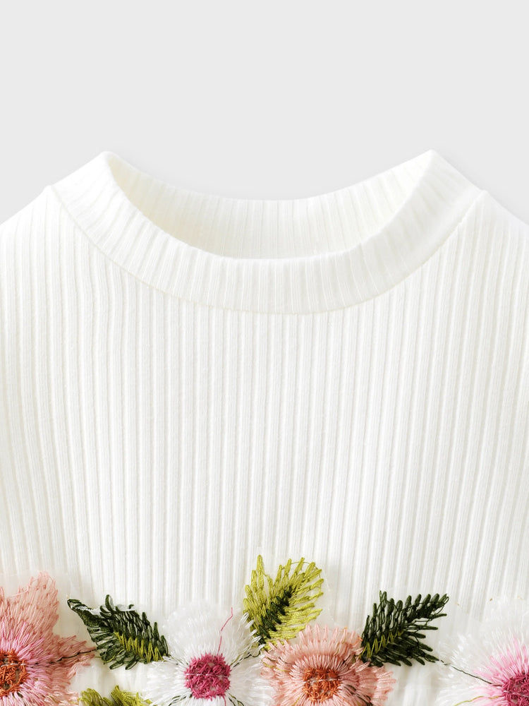 Baby Girl White Ribbed Long-sleeve Splicing Floral Embroidered Mesh Fairy Dress White