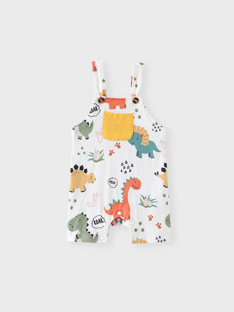 Conjunto de 2 piezas de camiseta lisa de manga corta para bebé niño y mono con estampado de dinosaurio en amarillo