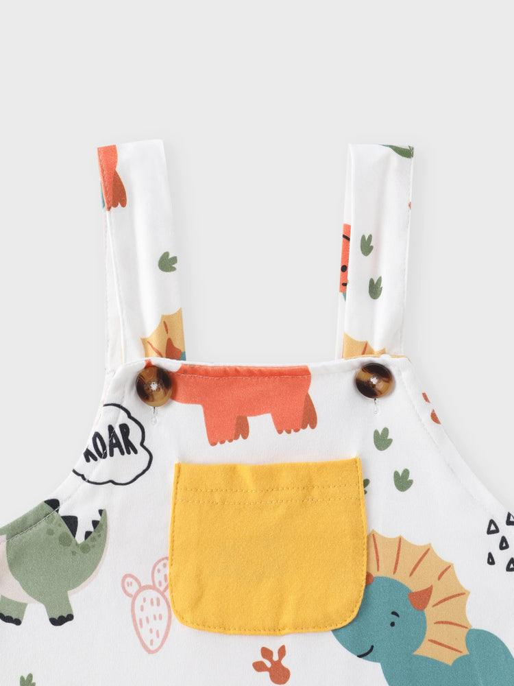 Conjunto de 2 piezas de camiseta lisa de manga corta para bebé niño y mono con estampado de dinosaurio en amarillo