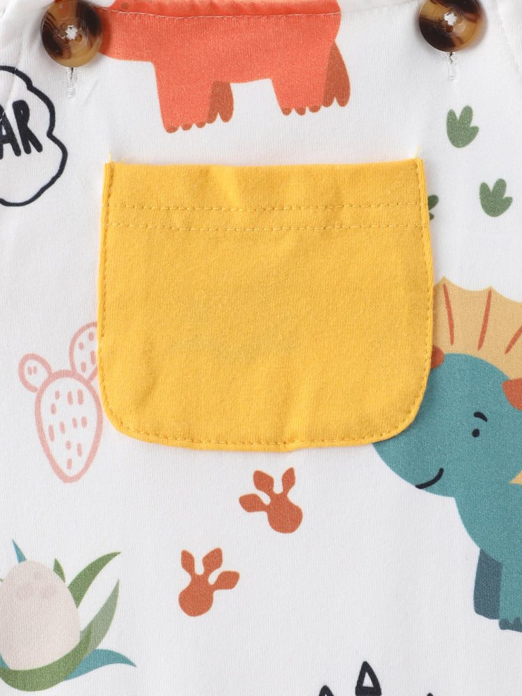 Conjunto de 2 piezas de camiseta lisa de manga corta para bebé niño y mono con estampado de dinosaurio en amarillo
