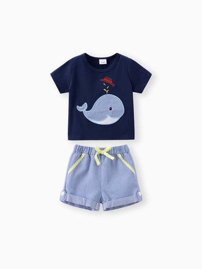 Ensemble 2 pièces à manches courtes et motif baleine brodé pour bébé garçon, bleu foncé