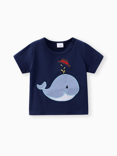 Conjunto de 2 piezas de manga corta con bordado de ballena para bebé niño, azul oscuro