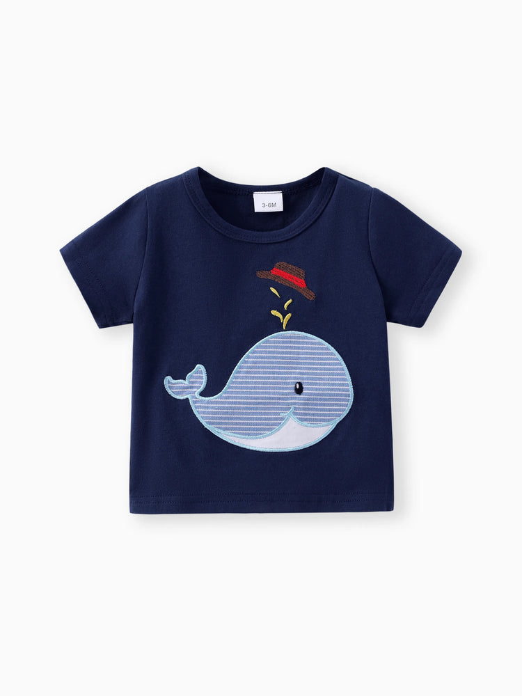2pcs Baby Boy Whale Pattern Embroidery Short Sleeve Set Dark Blue