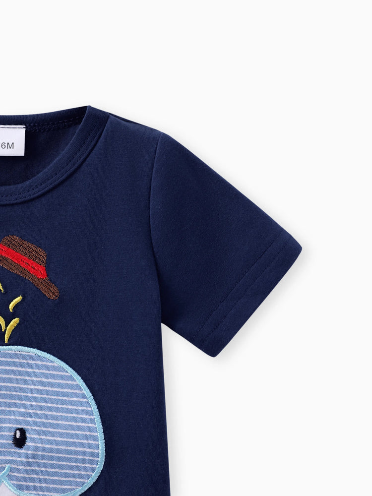 2pcs Baby Boy Whale Pattern Embroidery Short Sleeve Set Dark Blue