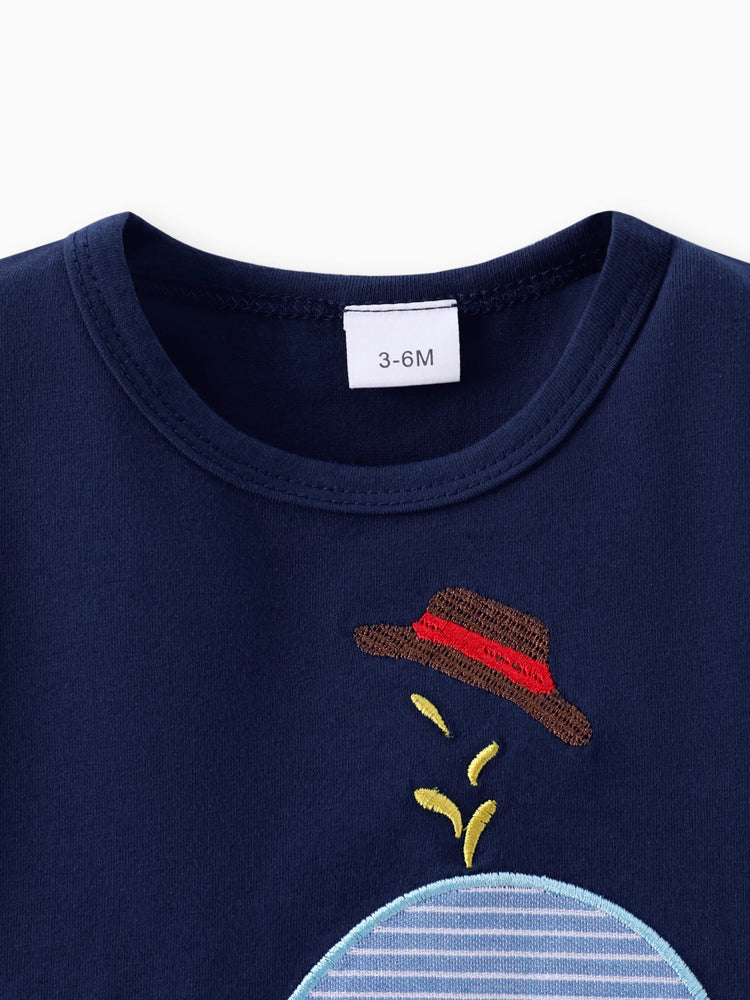 2pcs Baby Boy Whale Pattern Embroidery Short Sleeve Set Dark Blue