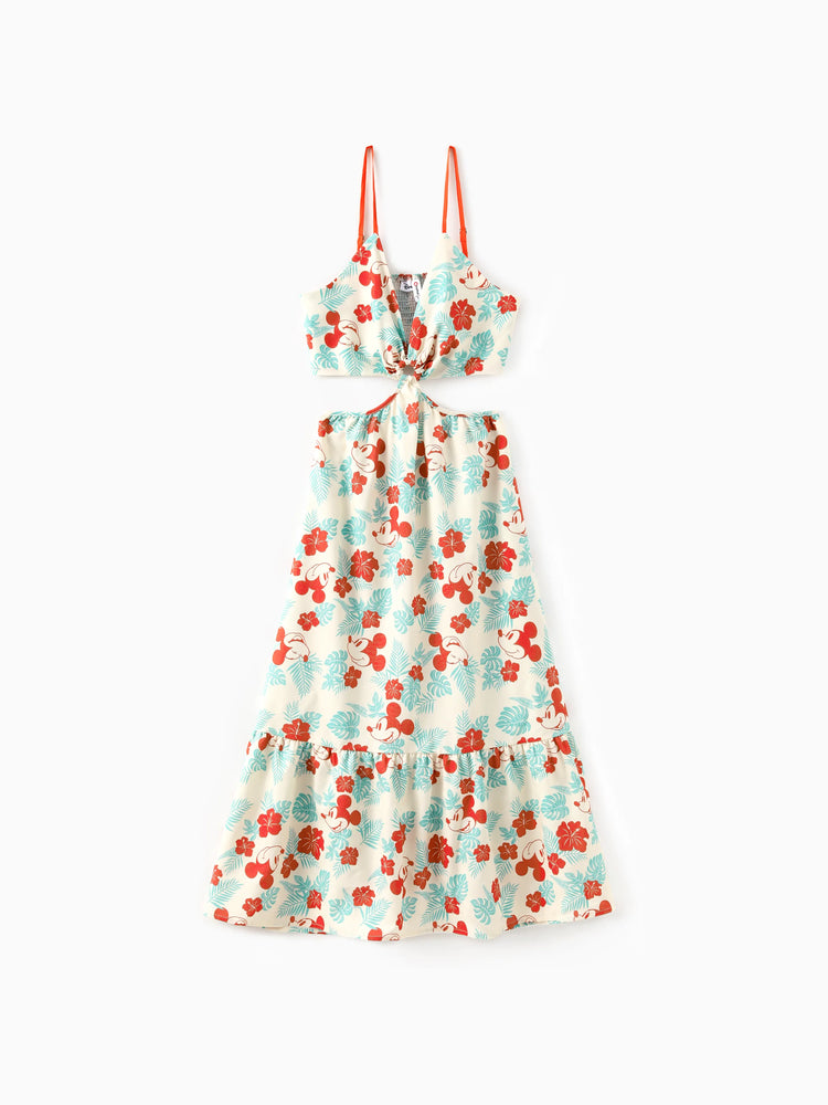 Mommy and Me Disney Mickey and Friends Family Matching Naia™ Floral Allover Print Shirt/Sleeveless Hollow-out Dress/Romper Multi-color