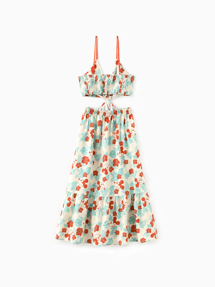 Mommy and Me Disney Mickey and Friends Family Matching Naia™ Floral Allover Print Shirt/Sleeveless Hollow-out Dress/Romper Multi-color