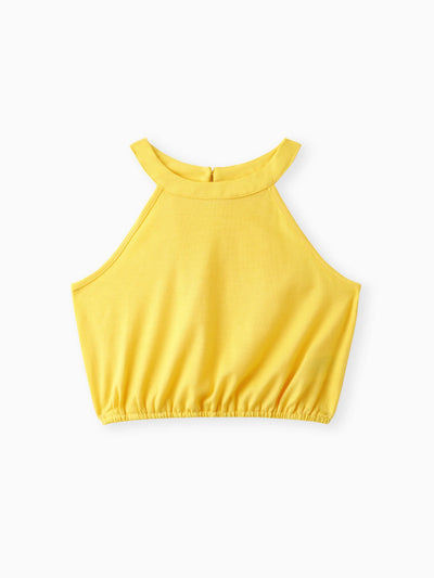 Conjunto de 2 piezas de camisola amarilla con cuello halter y pantalones cortos exóticos con diseño de lazo para niña, color jengibre 2